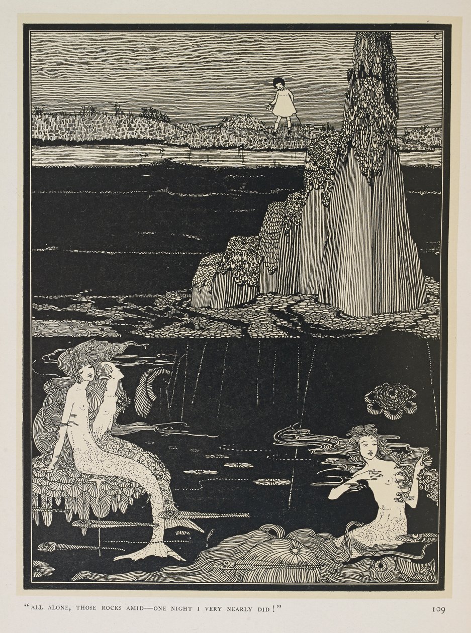 Beinahe! "Ganz allein, zwischen diesen Felsen - eines Nachts wäre ich fast!" Drei Meerjungfrauen von Harry Clarke
