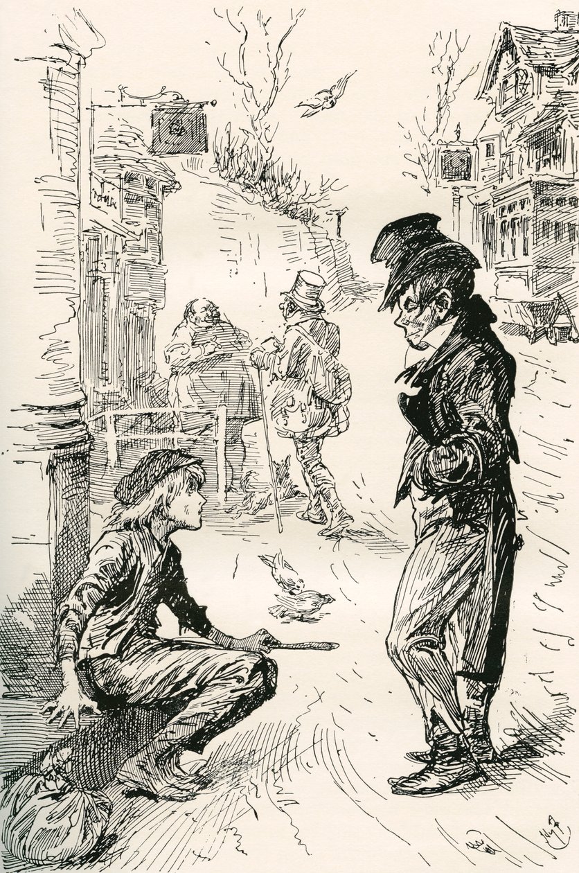 Oliver trifft auf den gerissenen Gauner. "Hallo, mein Freund, was ist los?" sagte dieser seltsame junge Herr zu Oliver. "Ich bin sehr hungrig und müde," antwortete Oliver; die Tränen standen ihm in den Augen, als er sprach. "Ich bin einen langen Weg gegang von Harry Furniss