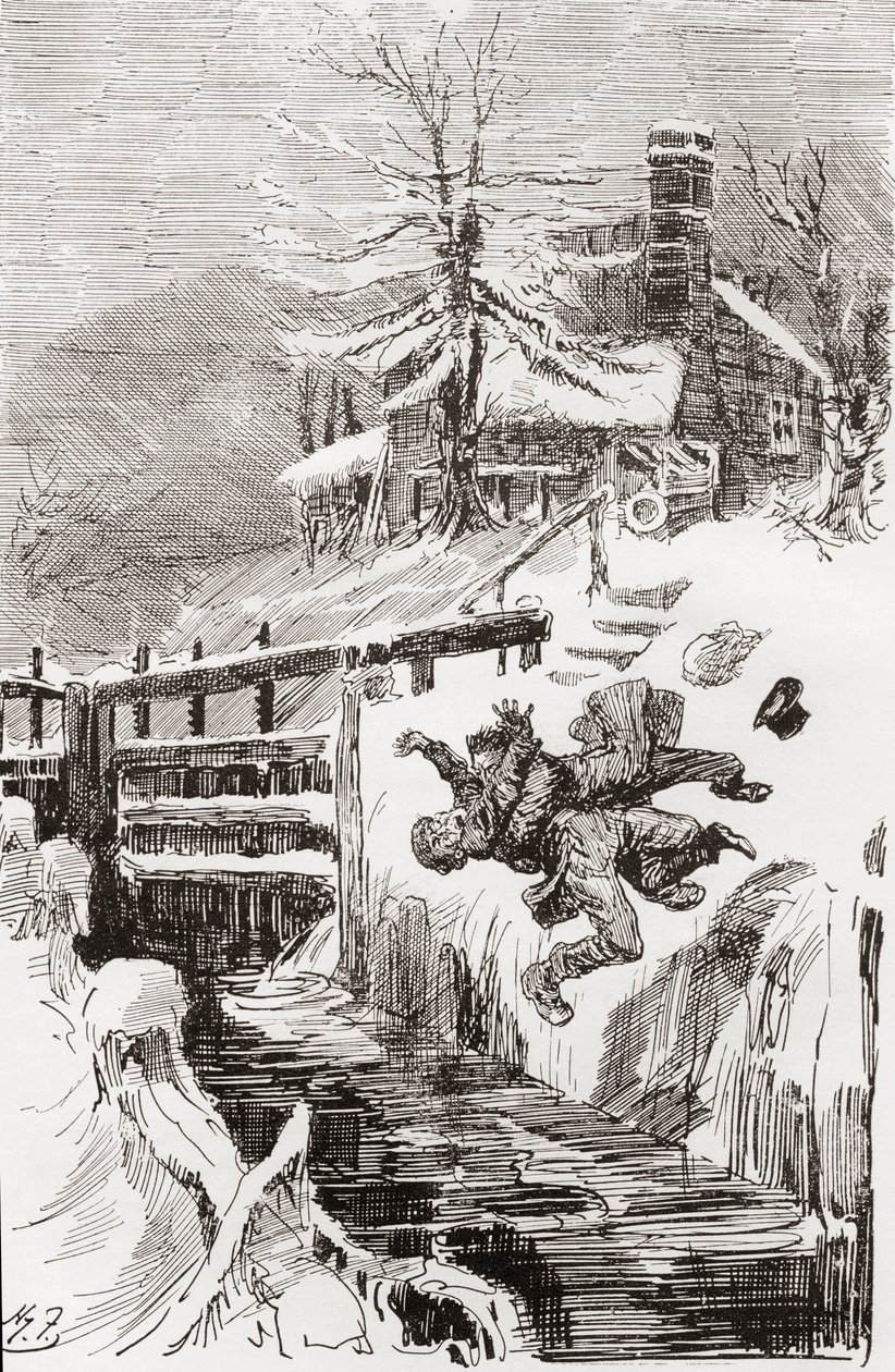 Der Todeskampf im Schloss. "Hab ich dir nicht gesagt." "Ich halte dich lebendig, und ich halte dich tot." schrie Bradley, als Riderhood rückwärts über die glatte Grube ging und Bradley Headstone auf ihm." Illustration von Harry Furniss für den Roman von Ch von Harry Furniss