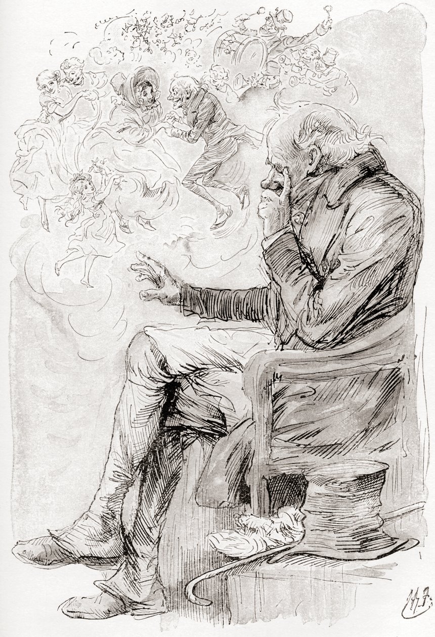 Trottys Traum. "Hatte Trotty geträumt? Oder sind seine Freuden und Sorgen, und die Schauspieler darin, nur ein Traum; er selbst ein Traum; der Erzähler dieser Geschichte ein Träumer, der gerade jetzt erwacht?" Illustration von Harry Furniss für die Kurzges von Harry Furniss