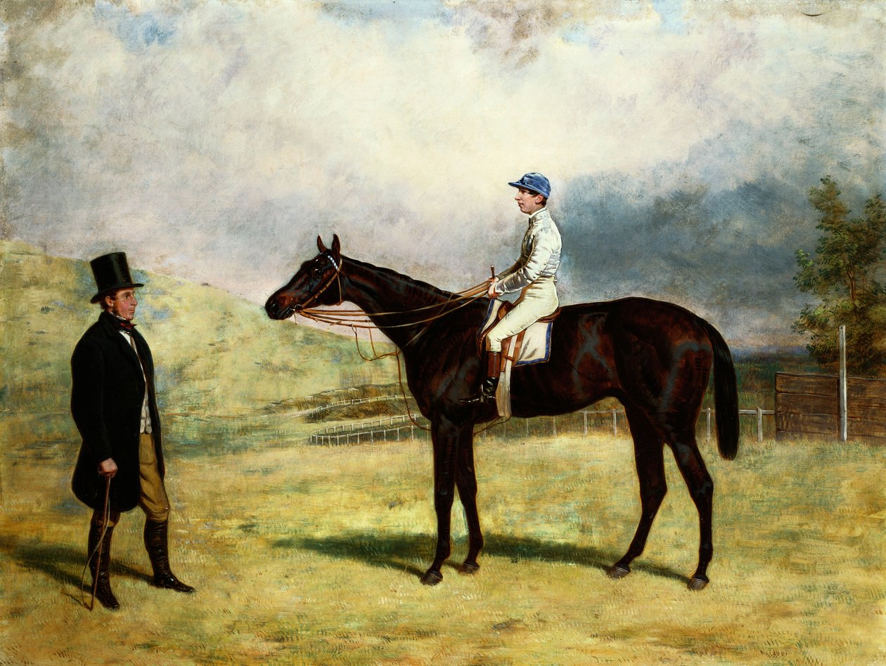 Ein Herr bei seinem Rennpferd mit Jockey auf einer Rennbahn, 1863 von Harry Hall