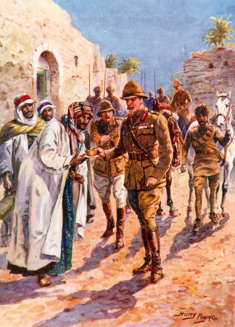 Die Gastfreundschaft des arabischen Scheichs gegenüber General Maude (Farblitho) von Harry Payne