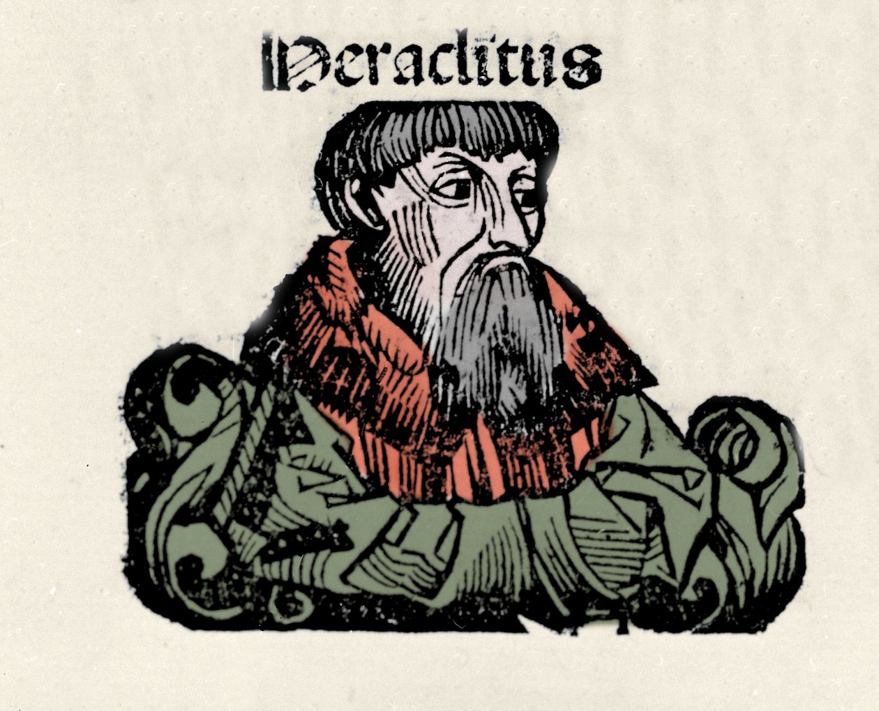 Porträt des griechischen Philosophen Heraklit von Ephesos (576-480 v. Chr.). Xylographie aus den „Chroniken von Nürnberg“ von Hartmann Schedel von Hartmann Schedel