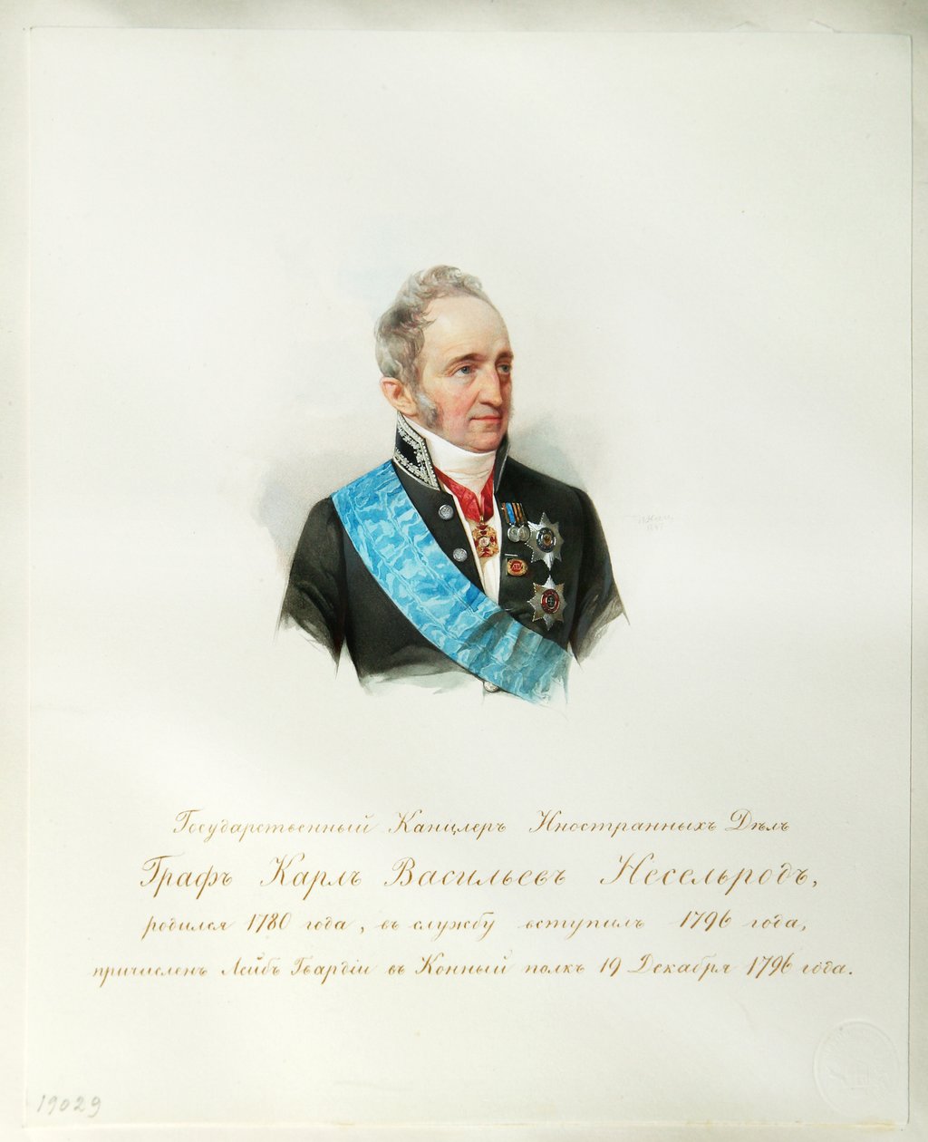 Porträt des Kanzlers des Russischen Reiches Graf Karl Robert Nesselrode 1780-1862 aus dem Album des Kaiserlichen Pferdes, 1846-1849 von Hau