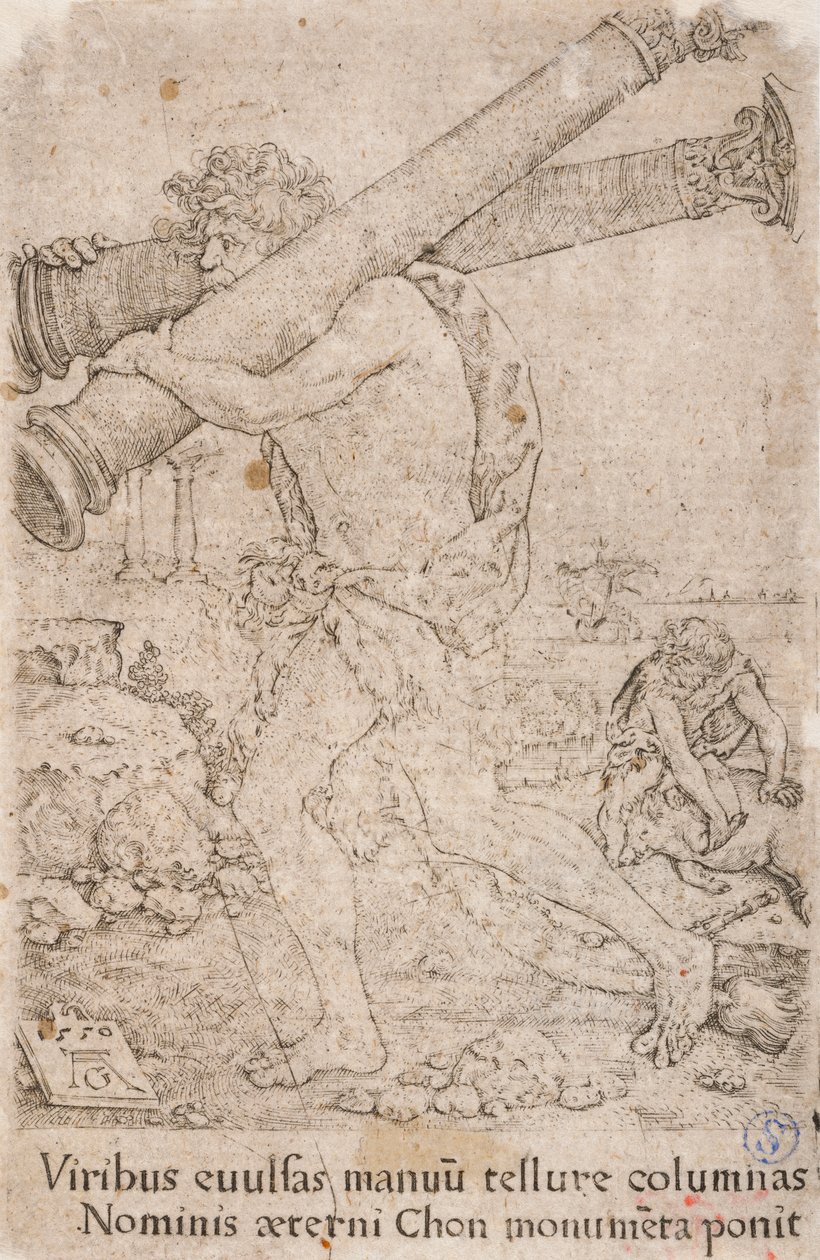 Herkules trägt die Säulen von Gades, aus der Serie: Die Arbeiten des Herkules (12) von Heinrich Aldegrever