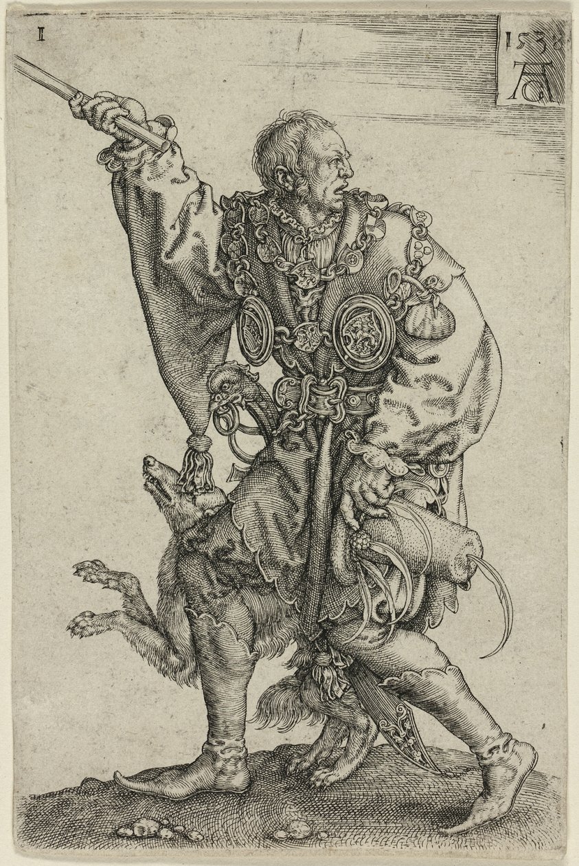Zeremonienmeister mit Hund, Tafel eins aus den großen Hochzeitstänzern von Heinrich Aldegrever