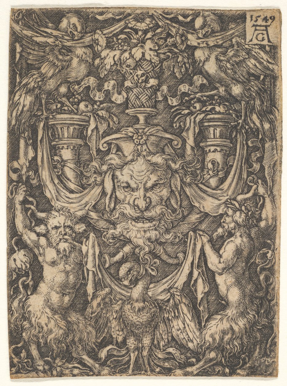 Ornamentales Design mit einer Maske und einem Adler zwischen zwei Faunen unten, 1549 von Heinrich Aldegrever