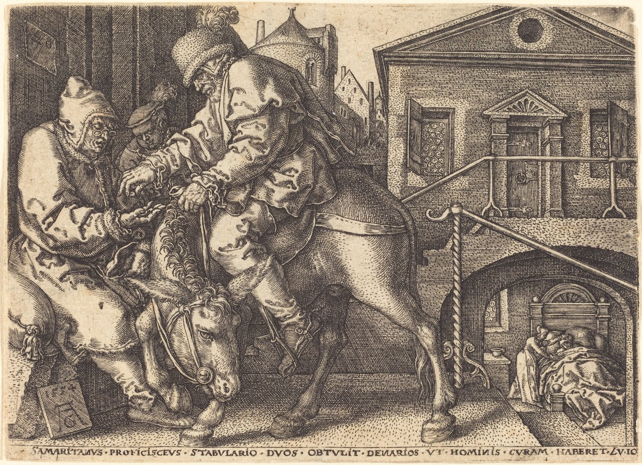 Der barmherzige Samariter bezahlt die Unterkunft des Reisenden von Heinrich Aldegrever