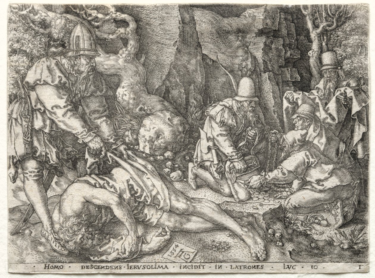 Das Gleichnis vom barmherzigen Samariter: Die Räuber greifen die Reisenden an, 1554 von Heinrich Aldegrever