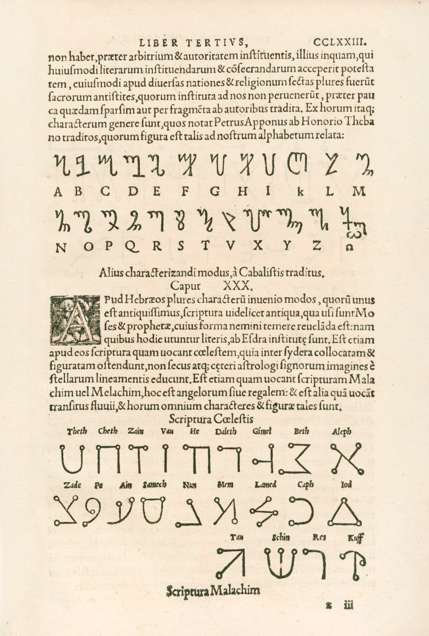 Thebanisches Alphabet (Honorianisches Alphabet oder die Runen des Honorius) und himmlisches Alphabet (Scriptura Malachim oder Engelschrift). Gravur aus Heinrich Cornelius Agrippa von Nettesheim (1486-1535) De occulta philosophia libri tres von Heinrich Cornelius Agrippa von Nettesheim