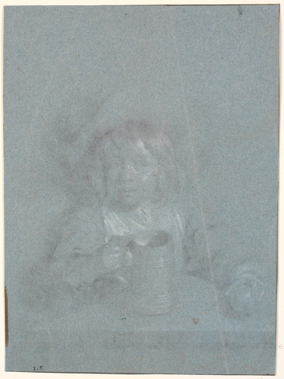 Ein Junge an einem Tisch mit Apfel und Krug in den Händen von Heinrich Dittmers