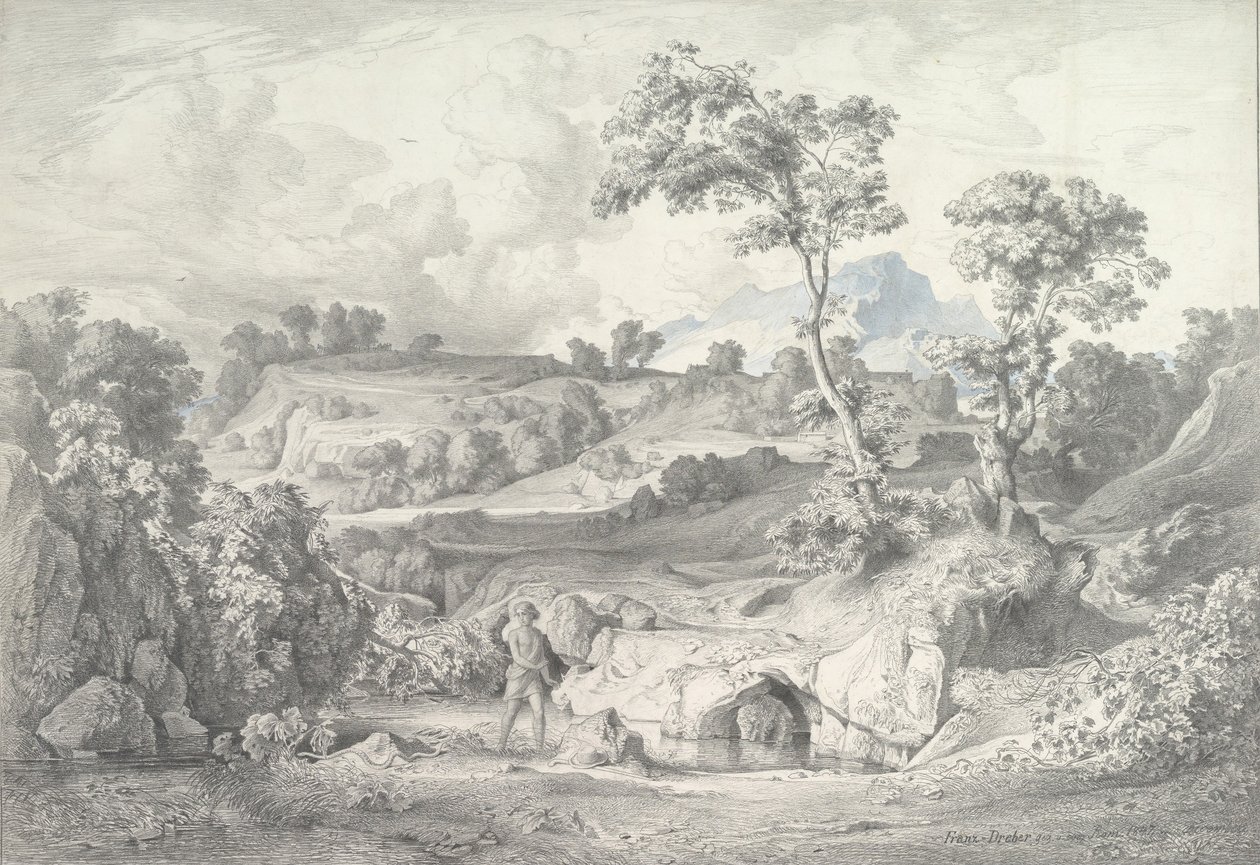 Südliche Landschaft mit einem Mann und einer Schlange, 1847 von Heinrich Dreber