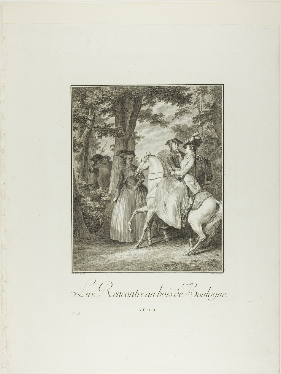 Treffen im Wald von Boulogne, aus Monument du Costume Physique et Moral de la fin du Dix-huitième siècle von Heinrich Guttenberg