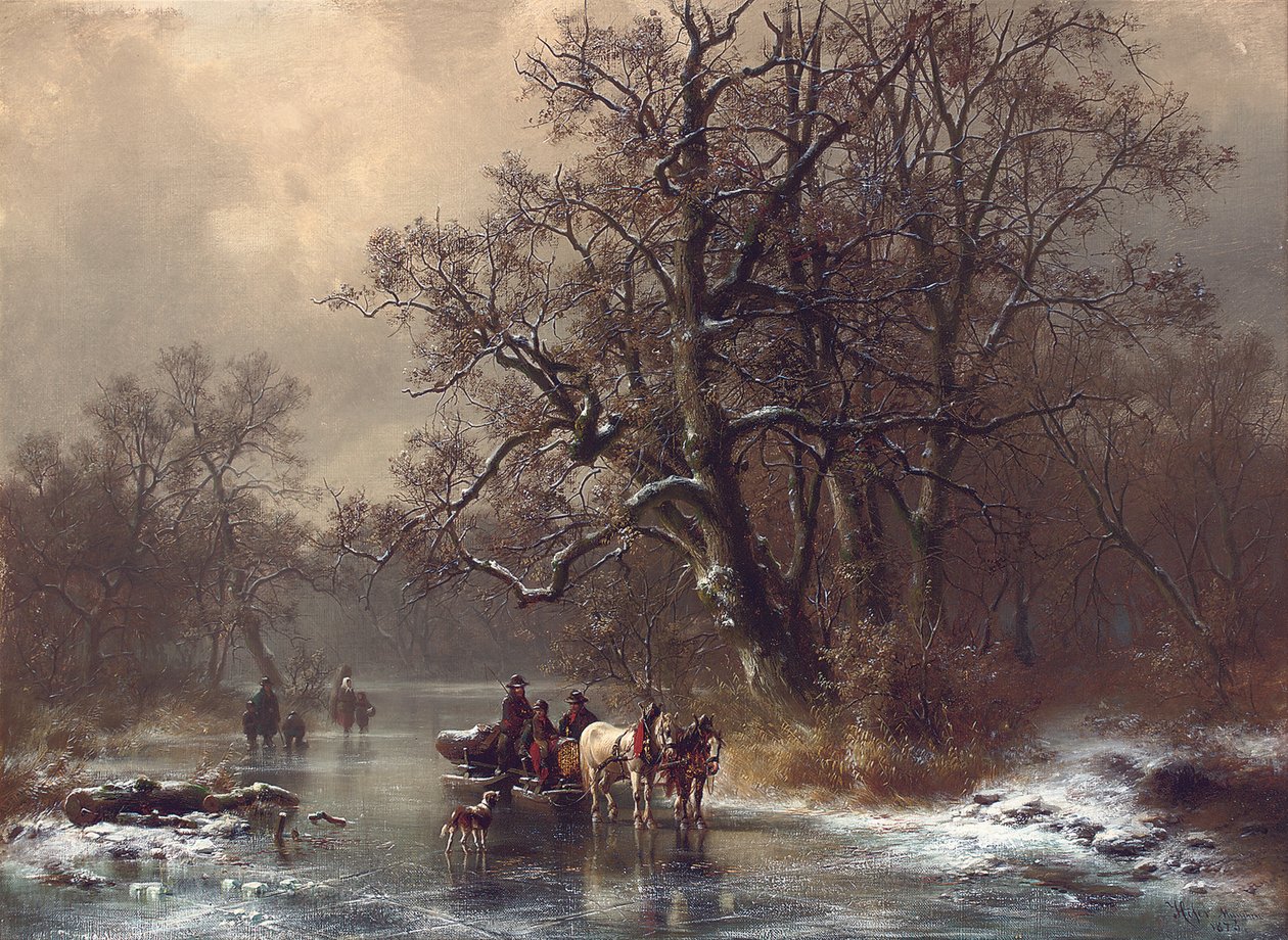 Holzfäller auf einem zugefrorenen Wasserweg, 1873 von Heinrich Hofer