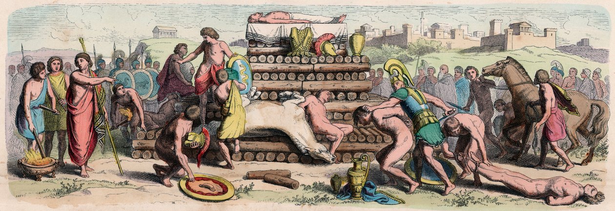 Archaische Periode in Griechenland: Einäscherung eines Helden mit Tier- und Menschenopfer von Heinrich Leutemann