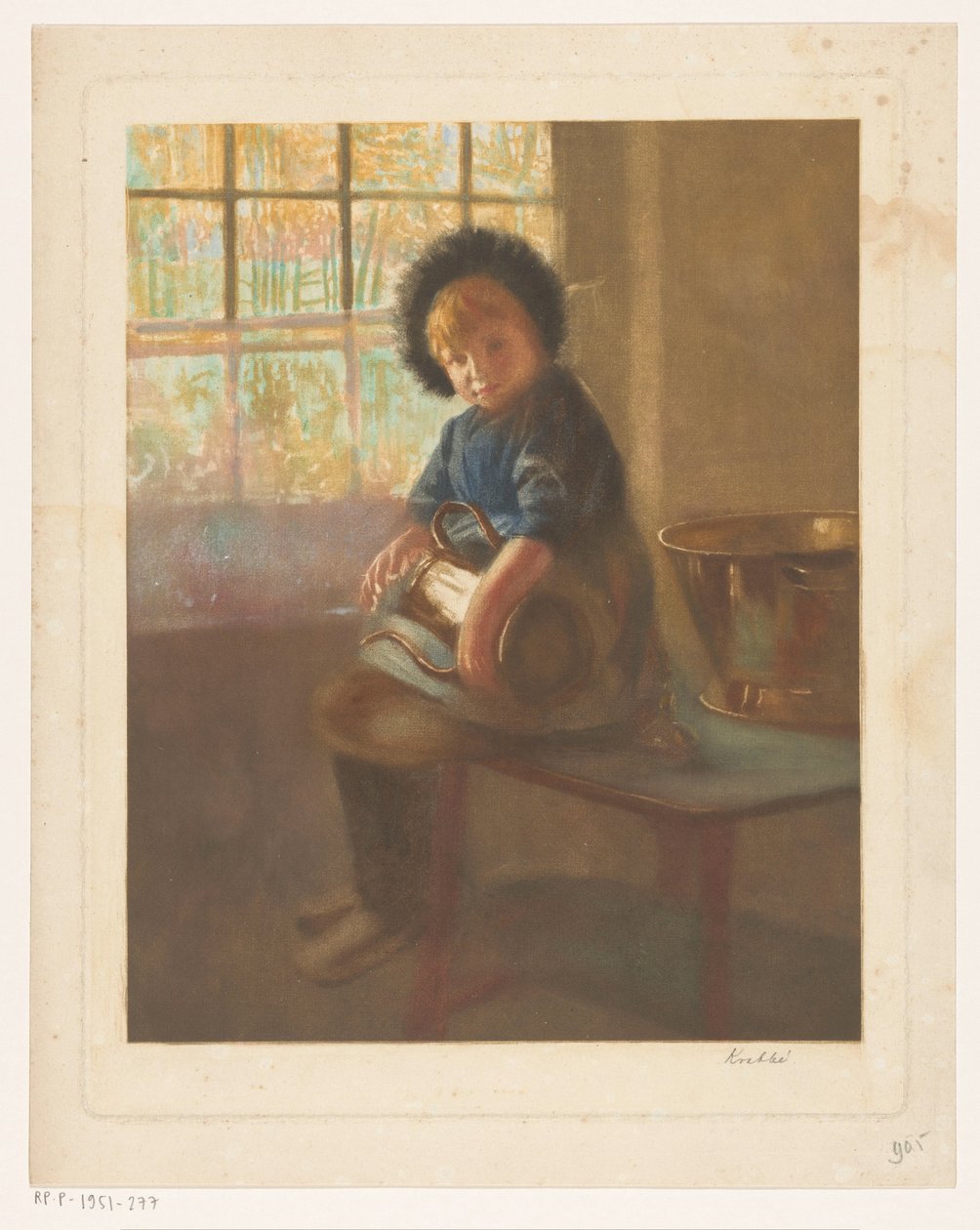 Mädchen, das eine Kupferkanne poliert von Heinrich M. Krabbé (signed by artist)