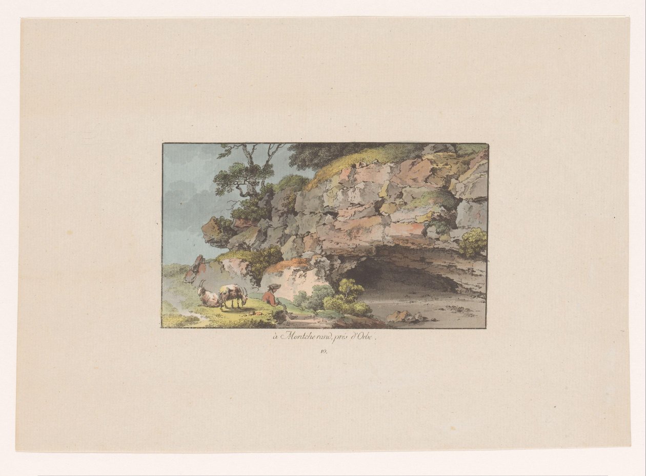 Ansicht eines Hirten mit Ziegen neben einer Höhle bei Montcherand von Heinrich Rieter