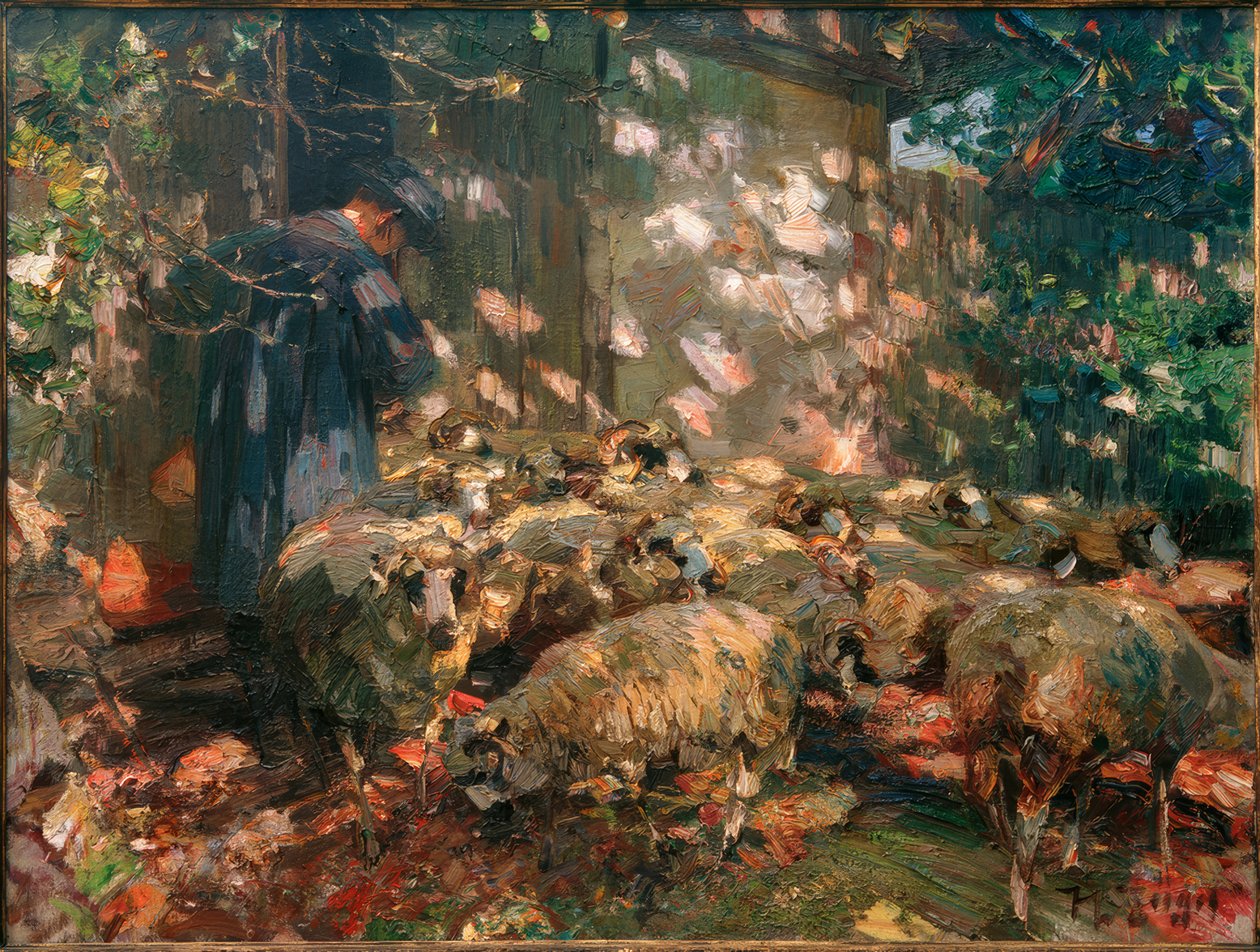 Hirte mit Schafen vor dem Stall von Heinrich von Zügel