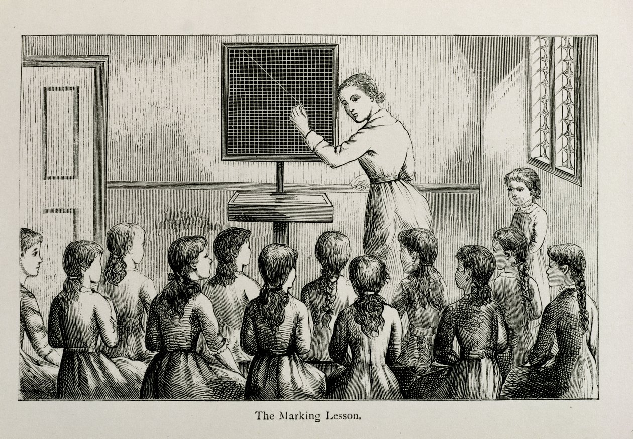 Die Markierungsstunde, Illustration aus A Manual of Collective Lessons in Plain Needlework and Knitting, graviert von W.P. und R. Cheshire, veröffentlicht 1885 von Helen K. Brietzcke