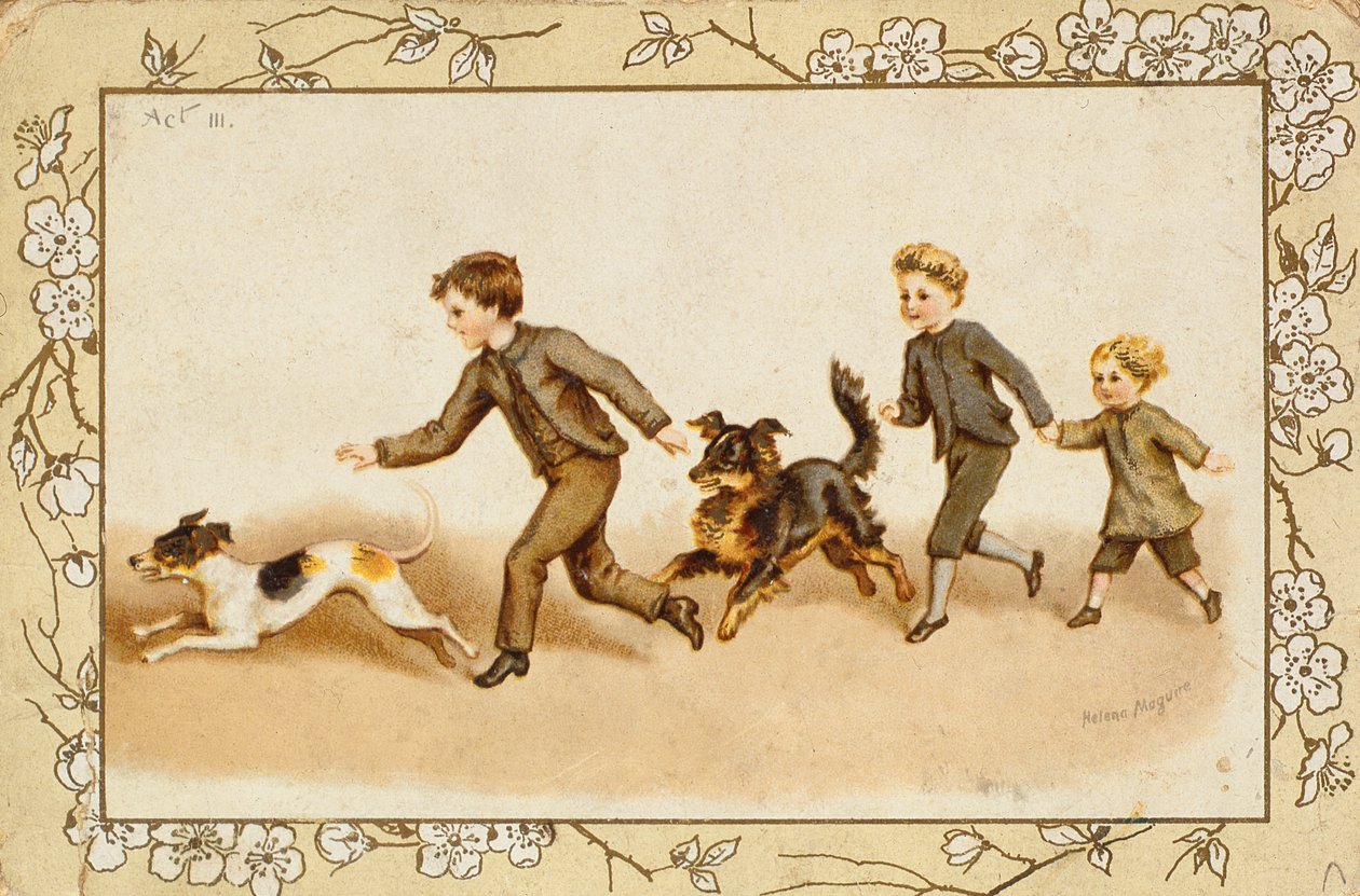 Grußkarte mit Kindern, die mit ihren Hunden spielen von Helena J. Maguire