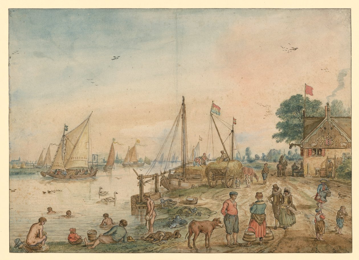Der Sommer: Flusslandschaft mit Badenden von Hendrick Avercamp