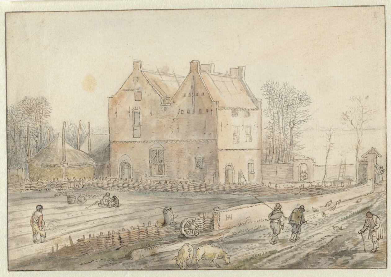 Ansicht eines Landhauses mit Sämännern auf dem Feld von Hendrick Avercamp