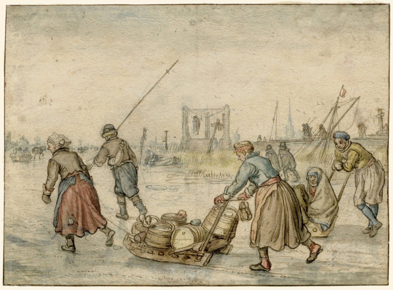 Winterlandschaft mit zwei Frauen und einem Schlitten und anderen Figuren auf dem Eis, ein Galgen in der Ferne von Hendrick Avercamp