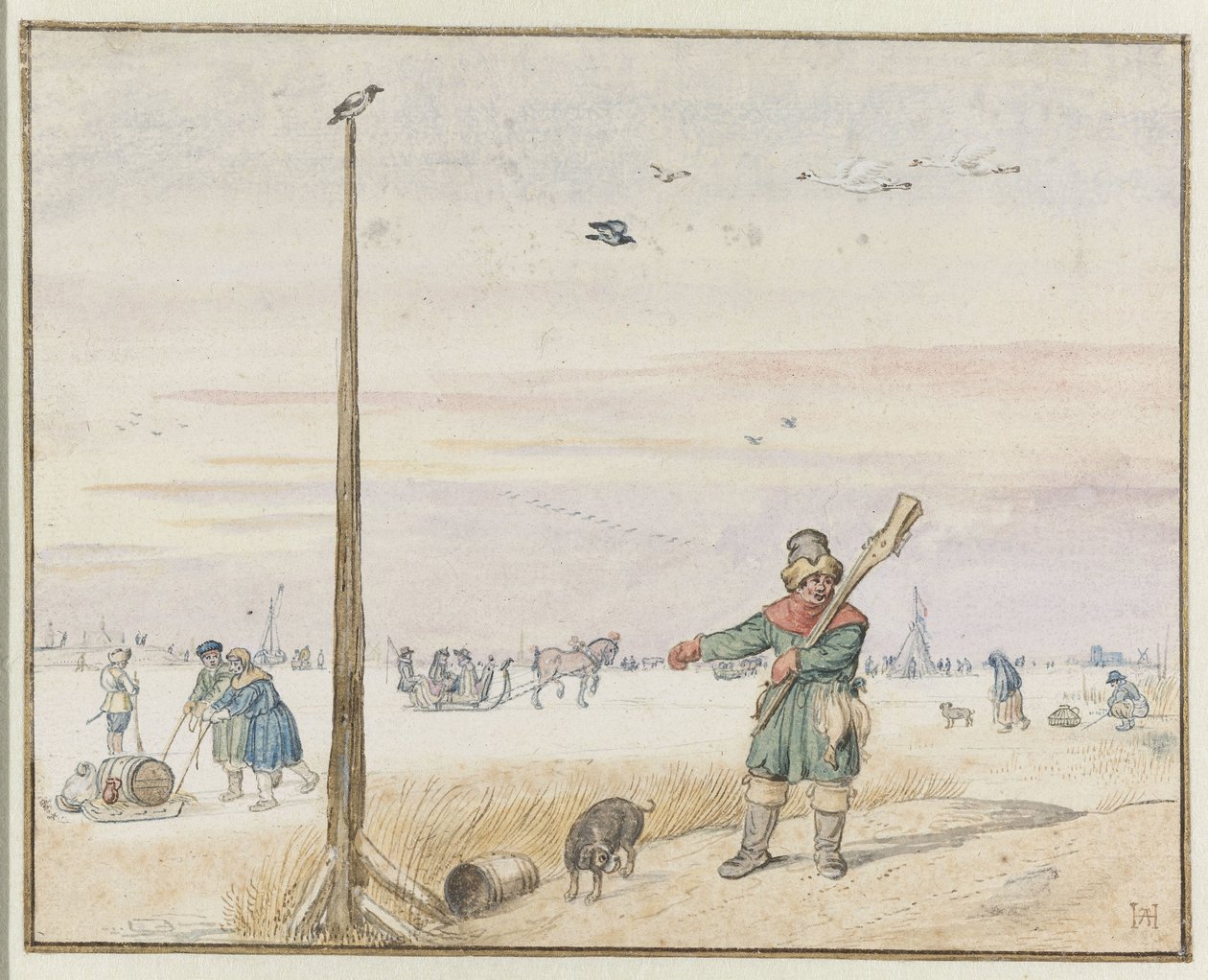 Winterlandschaft mit einem Entenjäger mit Beute im Gürtel und seiner Waffe über der Schulter am Ufer eines zugefrorenen Flusses von Hendrick Avercamp