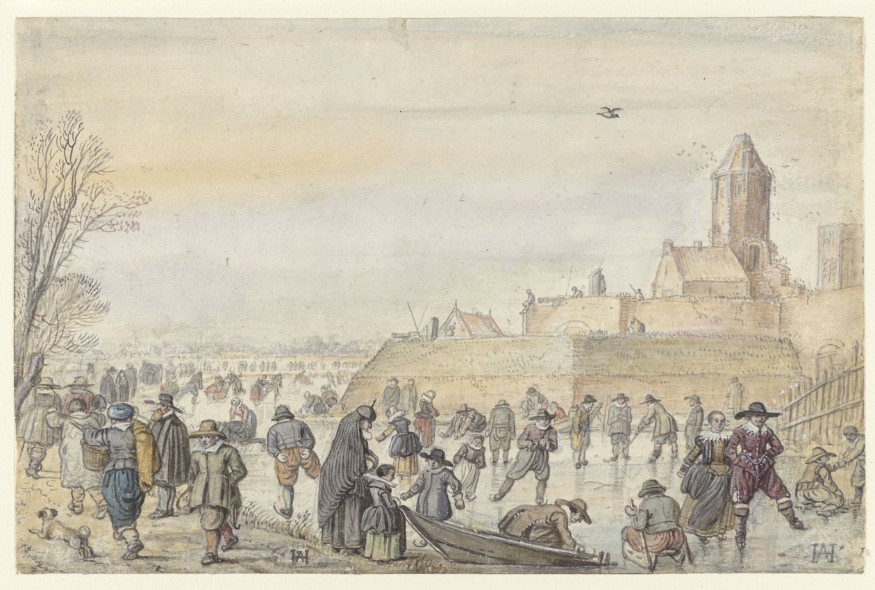 Winterlandschaft auf dem gefrorenen Kanal in der Nähe des Kalverhekkenpoort, Kampen von Hendrick Avercamp