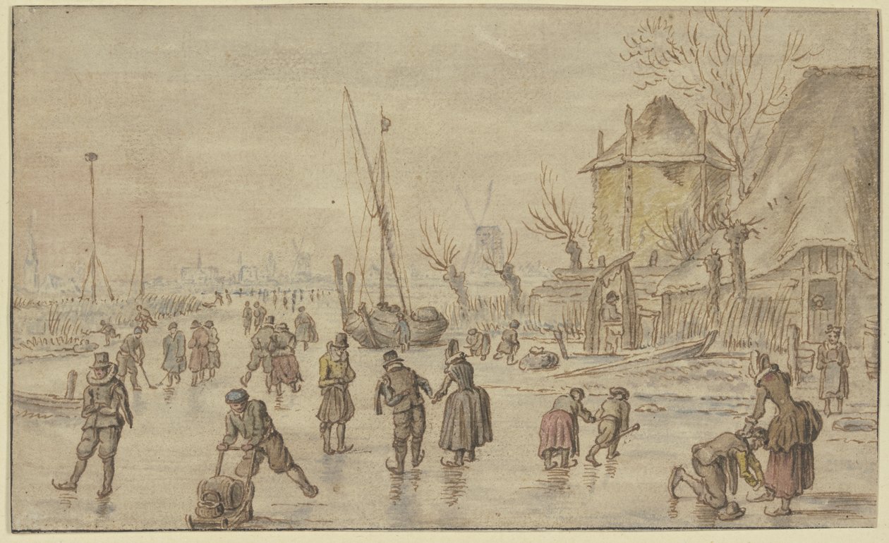Winterlandschaft, auf dem Eis viele Schlittschuhläufer, rechts schnallt ein Mann einer Frau die Schlittschuhe an von Hendrick Avercamp