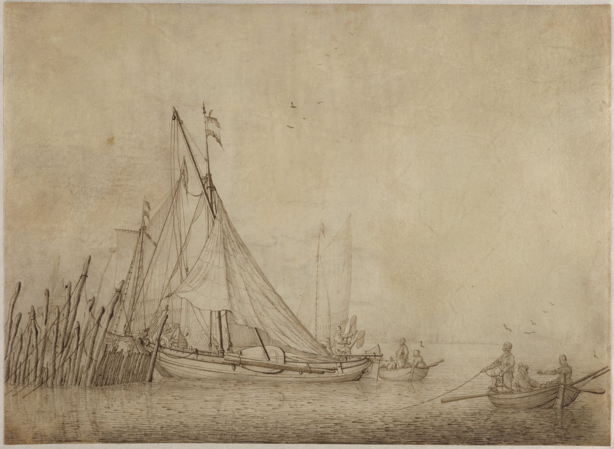 Schiffe an einem Fischwehr mit einer Stadt im Hintergrund von Hendrick Dubbels