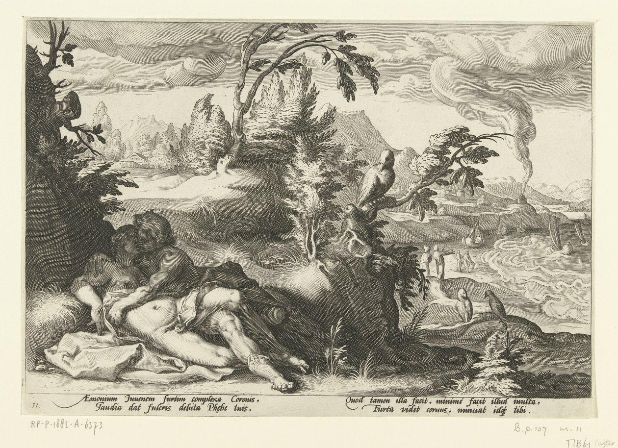 Corvus ertappt das Mädchen Coronis von Hendrick Goltzius (workshop of)