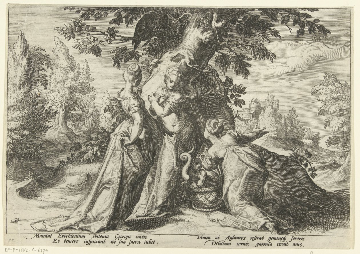 Töchter des Cecrops öffnen den Korb von Minerva von Hendrick Goltzius (workshop of)
