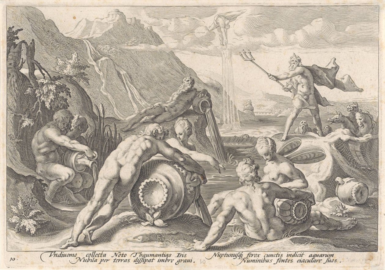 Neptun befiehlt den Flussgöttern, eine Sintflut zu verursachen von Hendrick Goltzius (workshop of)