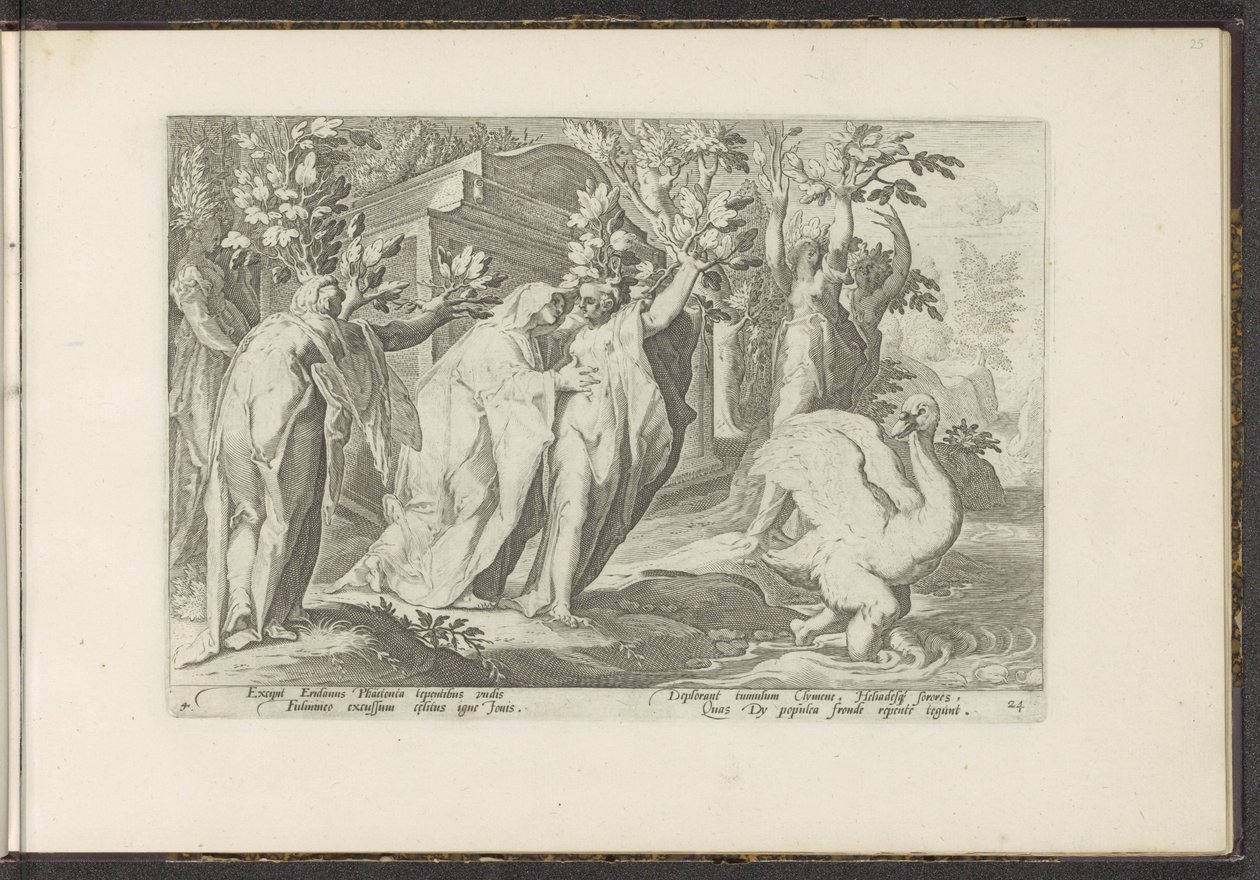 Phaethons Schwestern verwandeln sich in Pappeln und sein Freund in einen Schwan (Ovids Metamorphosen) von Hendrick Goltzius (workshop of)