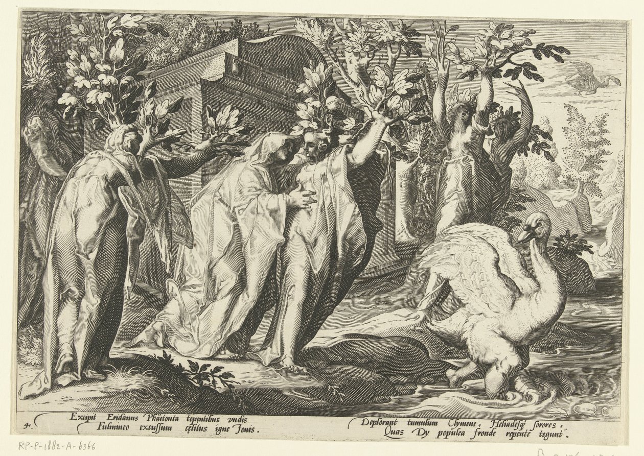 Phaëthons Schwestern verwandeln sich in Pappeln und sein Freund in einen Schwan von Hendrick Goltzius (workshop of)