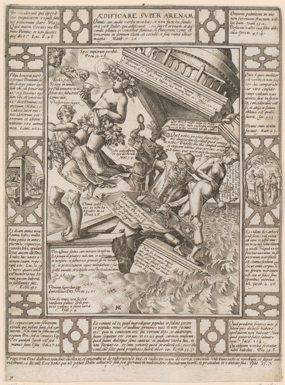 Aedificare super Arenam, Blatt 7 der Folge "Allegorien des christlichen Glaubens" von Hendrick Goltzius