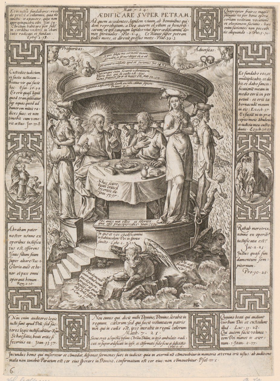 Aedificare super Petram, Blatt 6 der Folge "Allegorien des christlichen Glaubens" von Hendrick Goltzius