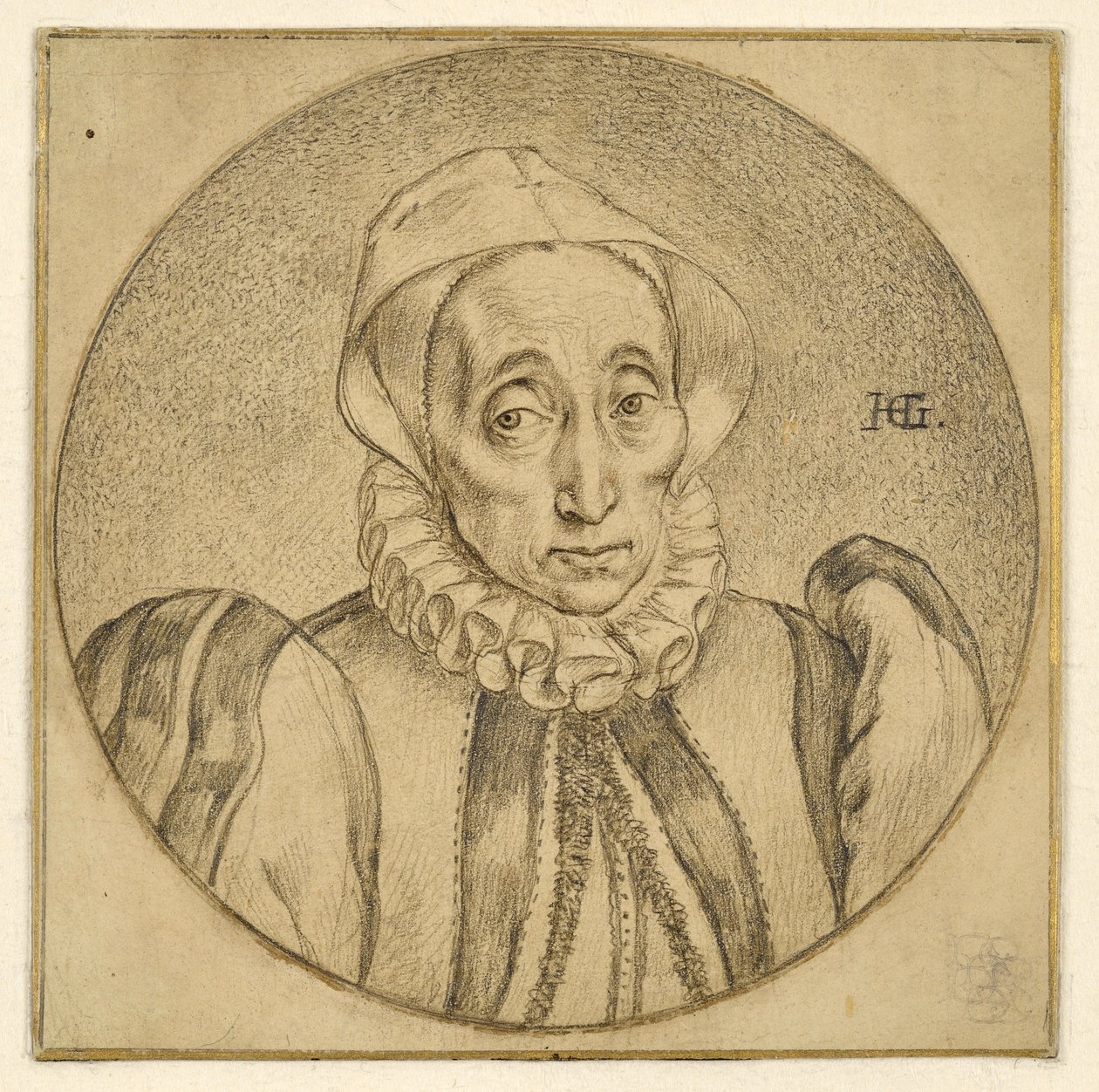 Brustbild einer alten Dame (Agatha Scholiers?) von Hendrick Goltzius