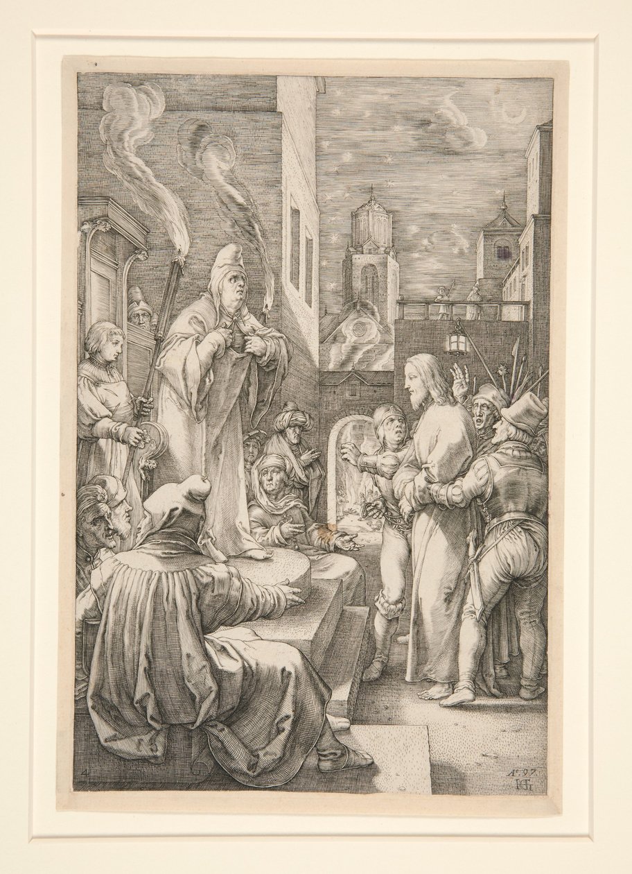 Christus vor Kajaphas, Tafel 4 aus der Serie „Die Passion Christi“ von Hendrick Goltzius