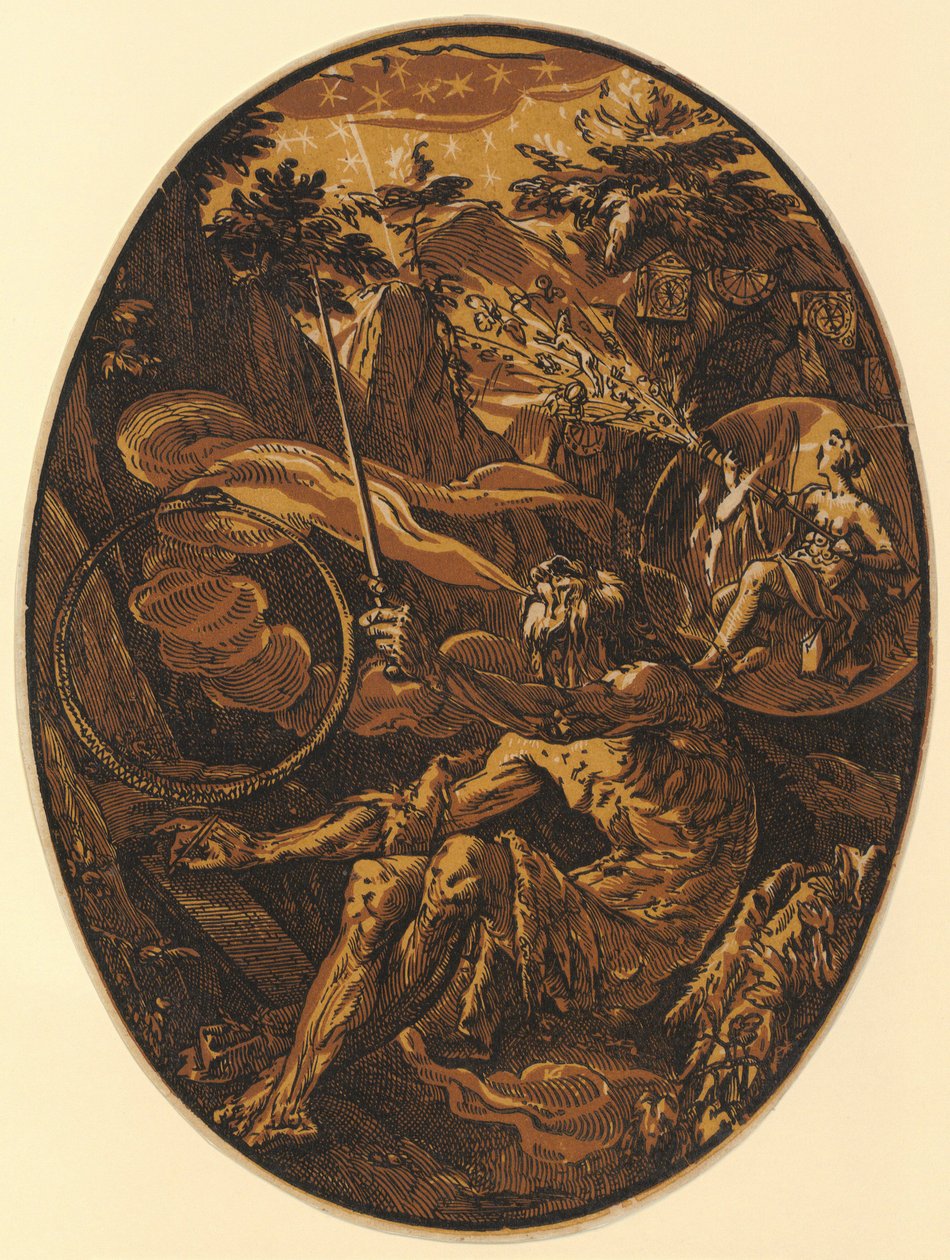 Demogorgon in der Höhle der Ewigkeit, Blatt 1 der Folge "Demogorgon und die göttlichen Wesen" von Hendrick Goltzius