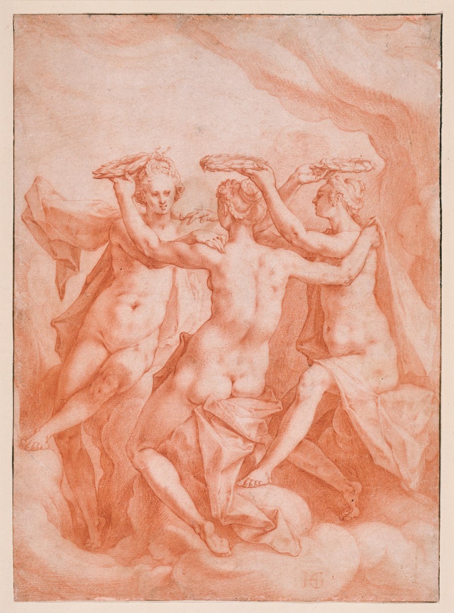Die drei Grazien auf Wolken schwebend von Hendrick Goltzius
