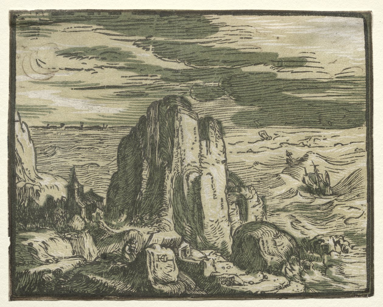 Vier kleine Landschaften: Nr. 4, Klippe am Meer von Hendrick Goltzius