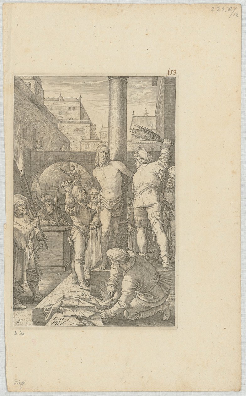 Geißelung Christi, Blatt 6 der Folge "Die Passion" von Hendrick Goltzius
