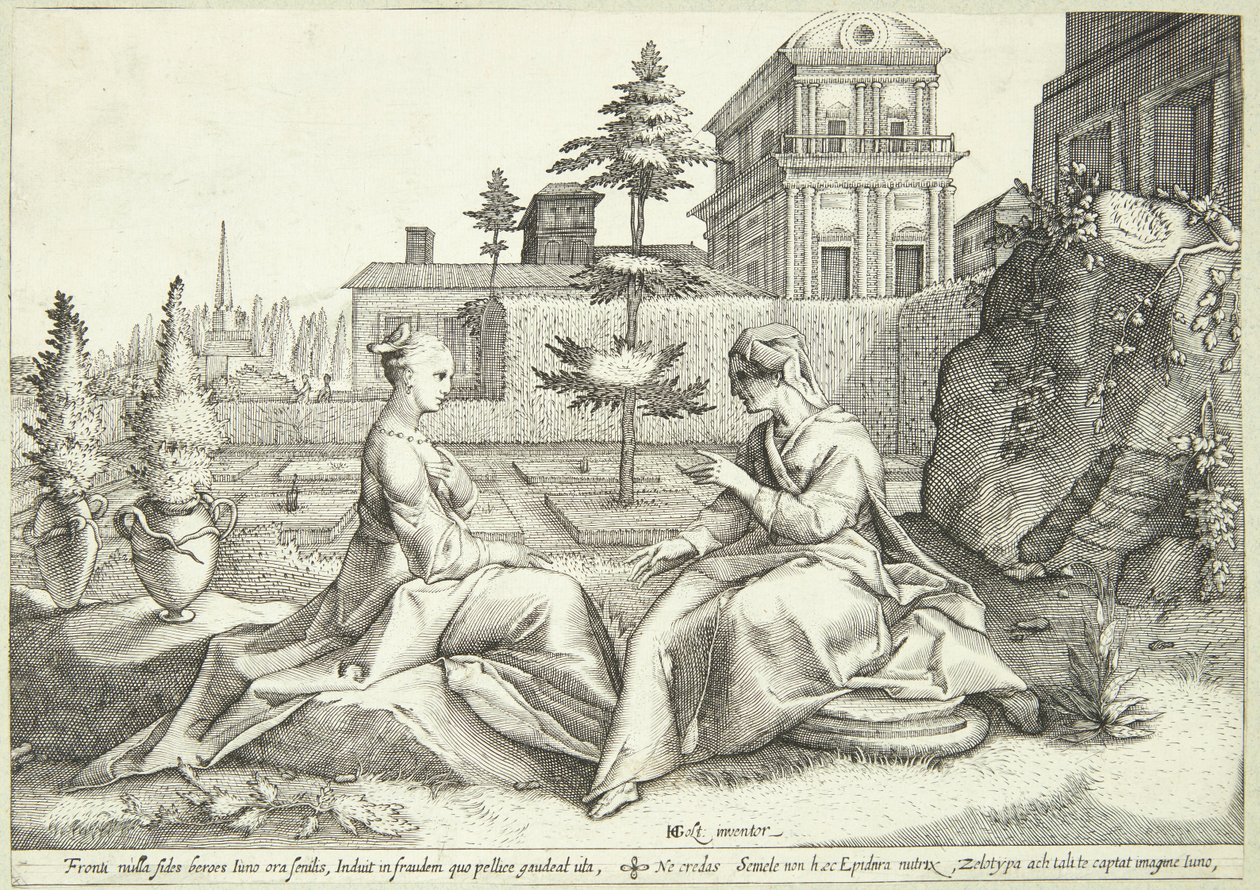 Juno in Verkleidung als Beroë warnt Semele von Hendrick Goltzius