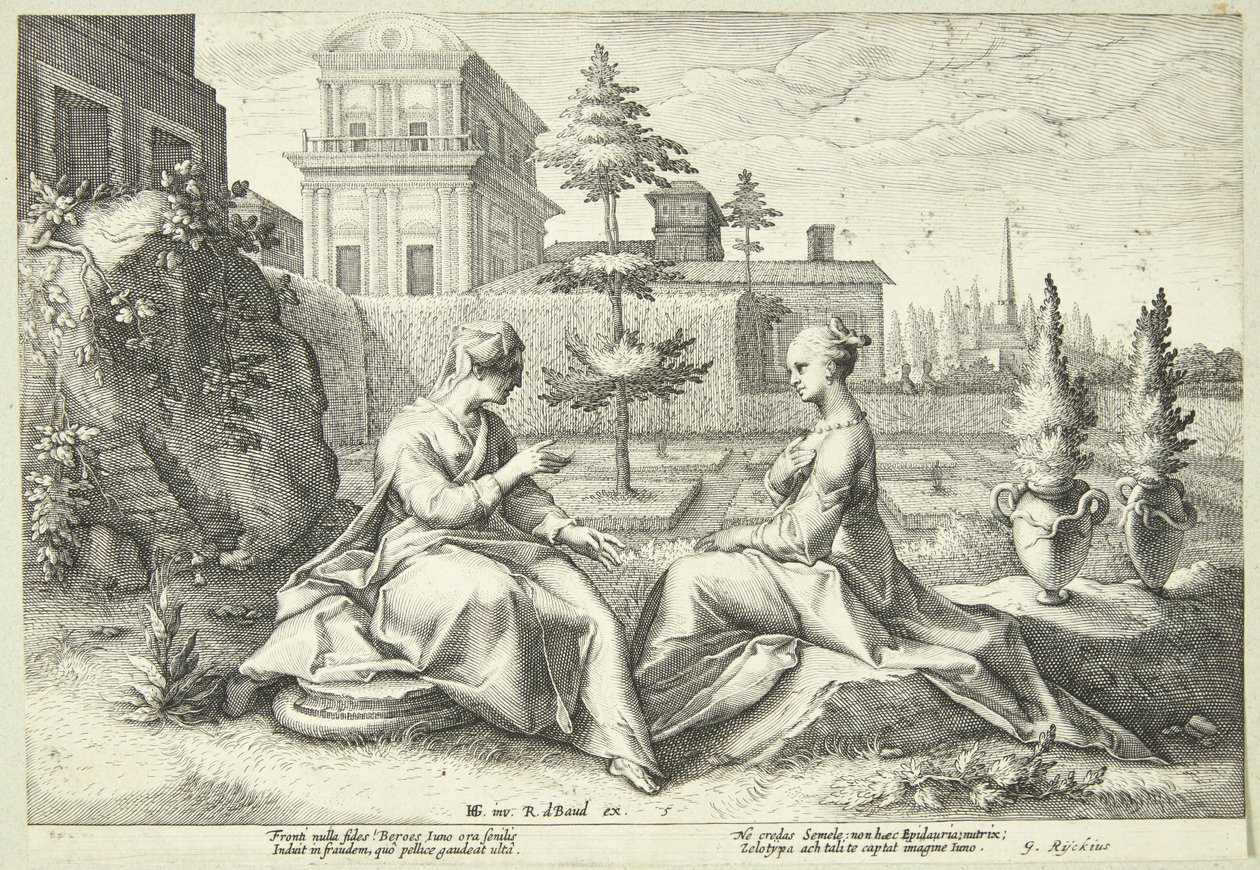Juno in Verkleidung als Beroë warnt Semele von Hendrick Goltzius