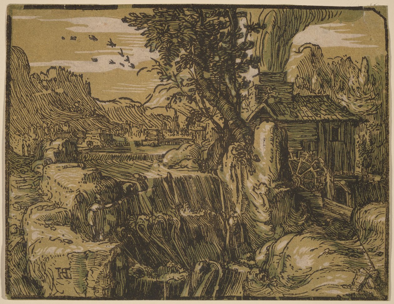 Landschaft mit einem Wasserfall von Hendrick Goltzius