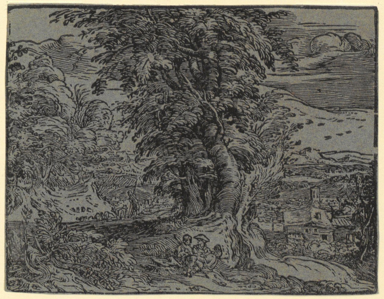 Landschaft mit sitzendem Paar und Hirte, Blatt 2 der Folge „Vier kleine Landschaften“ von Hendrick Goltzius
