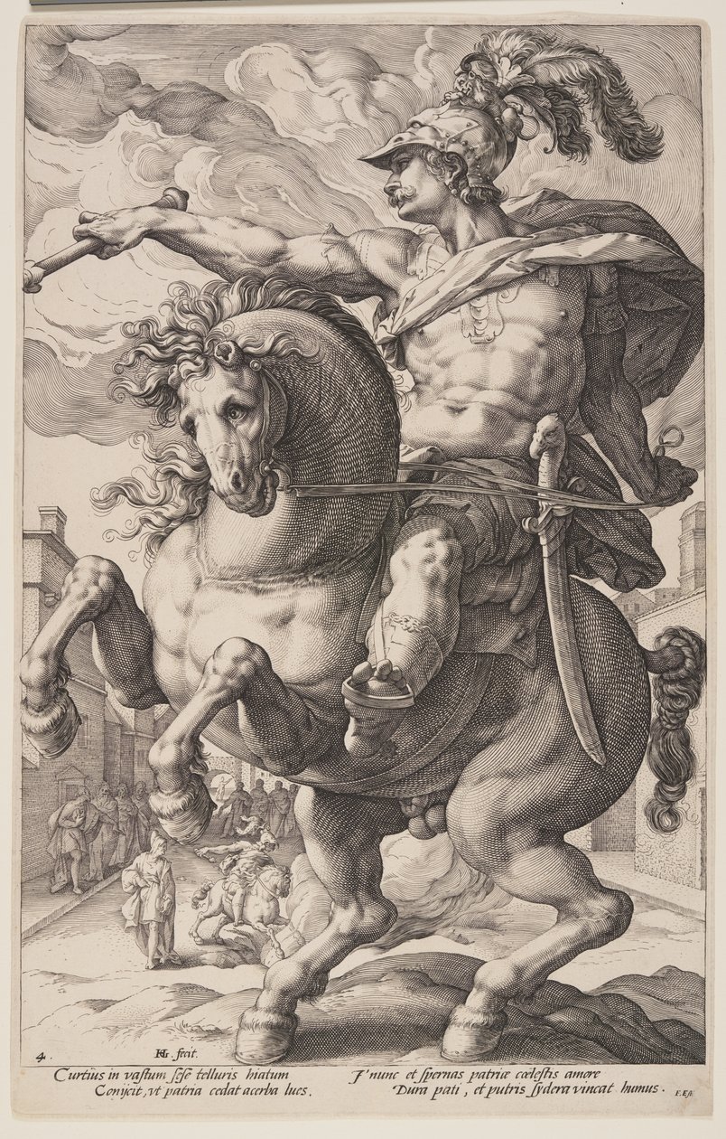 Marcus Curtius zu Pferd, aus Die Römischen Helden von Hendrick Goltzius