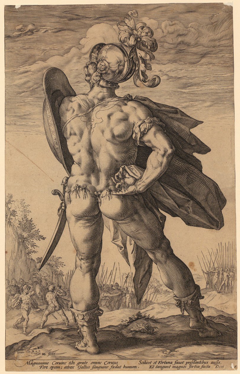 Marcus Valerius Corvus, Blatt 6 der Folge "Römische Helden" von Hendrick Goltzius